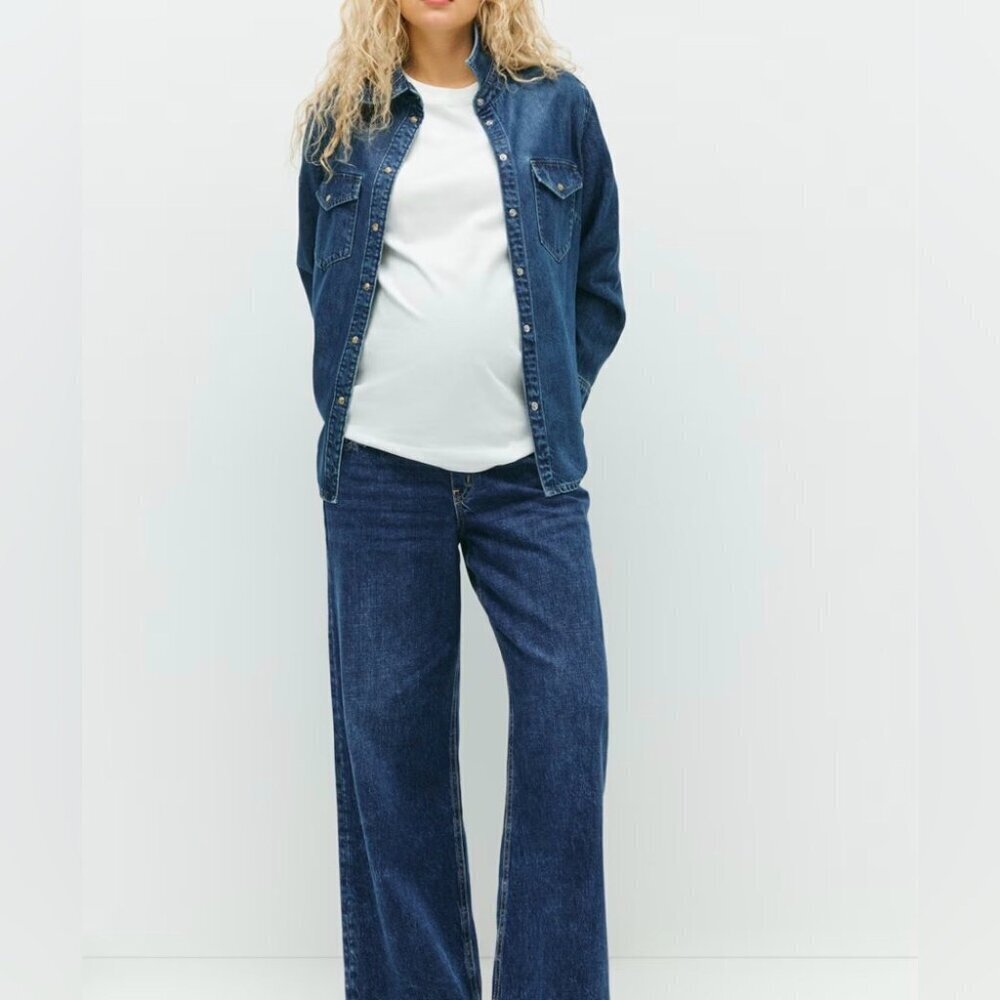 H&M Mama Wide High-Rise Rib Maternity Jeans Dark Blue | Size S NWT